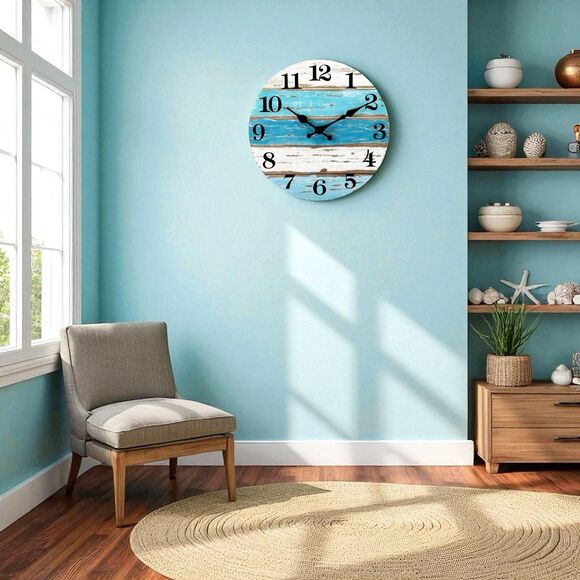 Rustic Beach-Themed Wall Clock  10” Round Distressed Wood Look Blue White Stripe - Picture 4 of 5